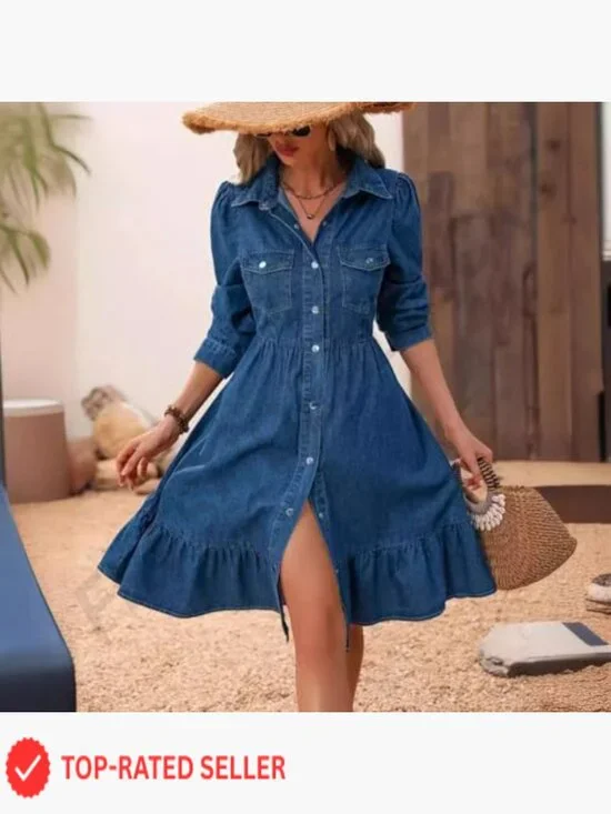 Flowy Denim Dress Lapel Long Puff Sleeve Button Down A Line Swing Ruffle - Picture 2 of 4